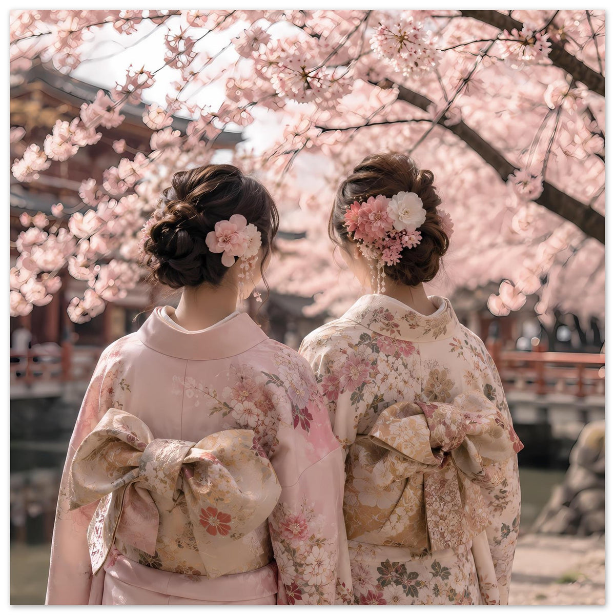 Kirschblüten-Kimono-Poster: zwei Frauen in Pastell-Kimonos, Kirschblüten im Hintergrund