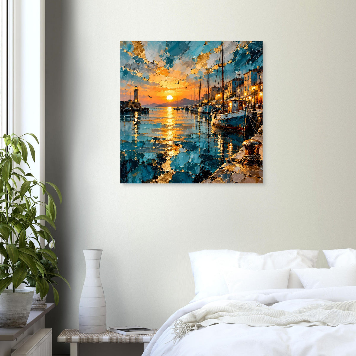 Poster der Hafenlandschaft im Sonnenuntergang, orange Sonne, Boote und leuchtende Häuser