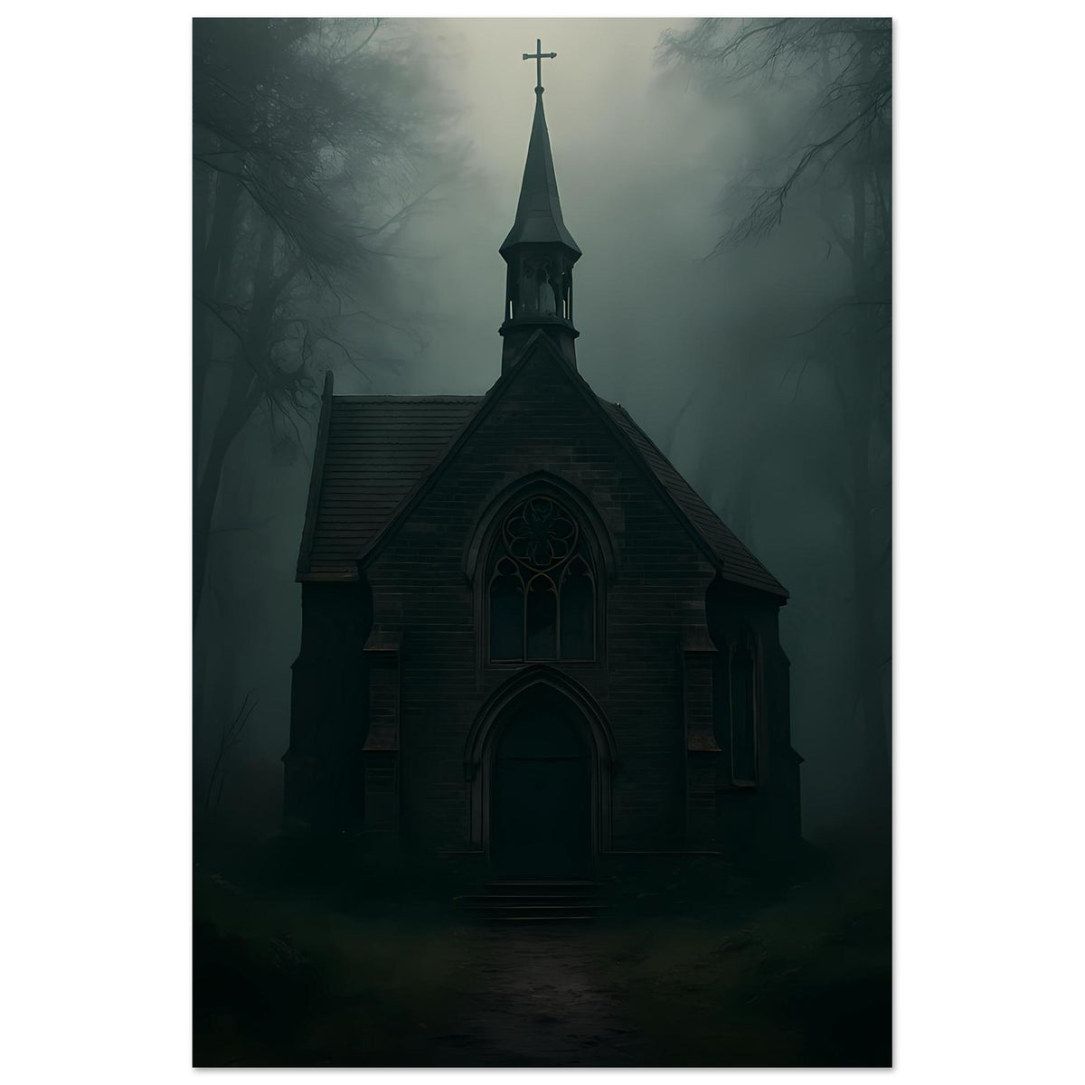 Vertikales Poster: Kapelle mit Spitzdach, vorderem Kirchenportal und Kreuz am Turm
