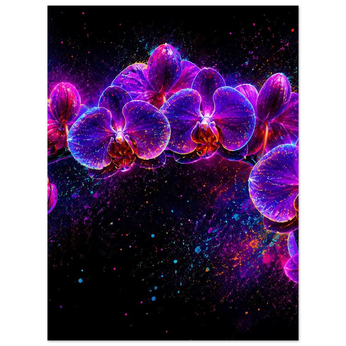 Neonblumenposter: blaue und violette Orchideenblüten mit pinken Highlights, leuchtend