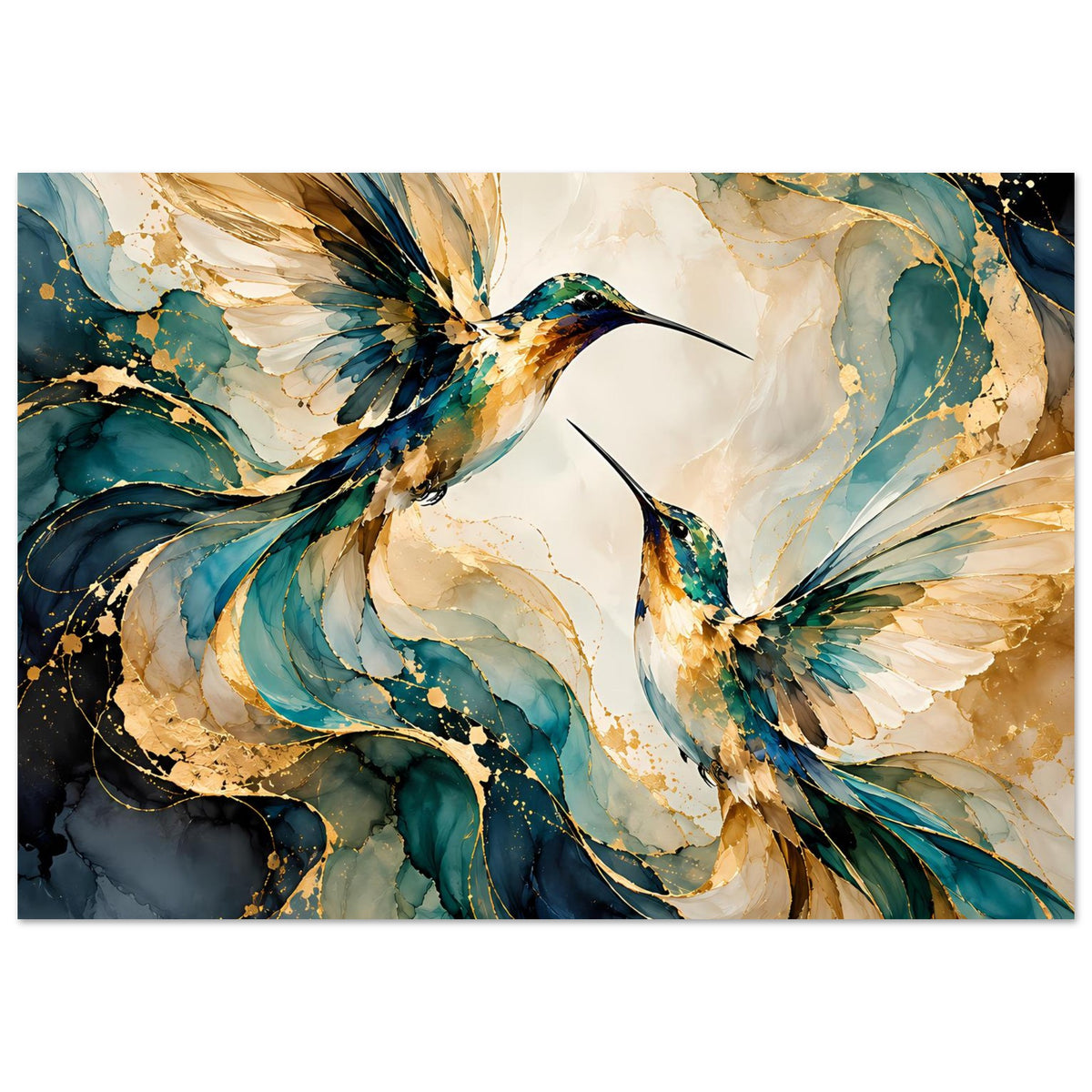 Vogelposter mit zwei Kolibris, detailreiche Flügel in Blau, Gold und Beige