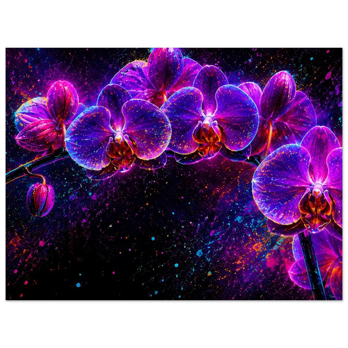 Neon-Orchideen-Poster im Querformat, mehrere leuchtende Orchideen in Pink und Violett