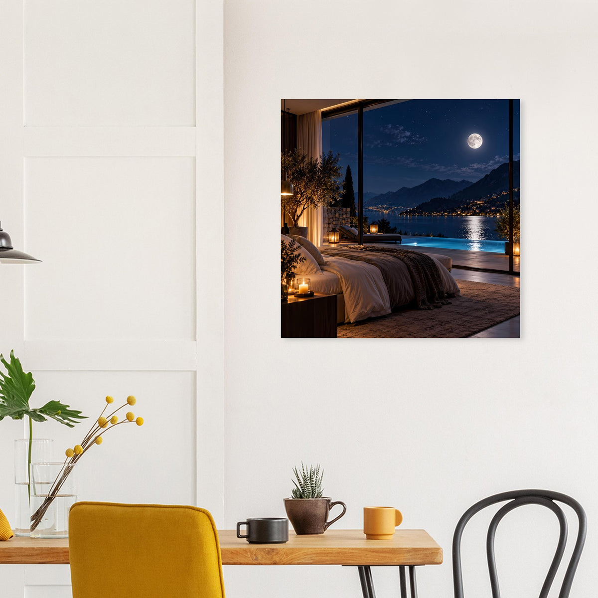Poster mit nächtlichem Ausblick: Mond über See, Fensteröffnung zur Terrasse mit Lampen