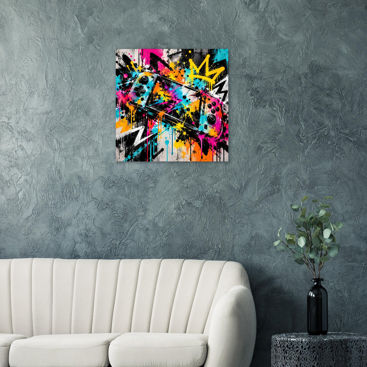 Graffiti-Gaming-Poster mit Vintage-Effekt: Controller-Motiv, bunte Spritzer, quadratisch.