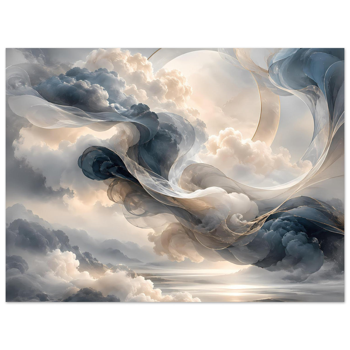 Abstraktes Himmelsposter, Nahansicht: spiralförmige Wolkenwirbel in Weiß und Blau-Grau