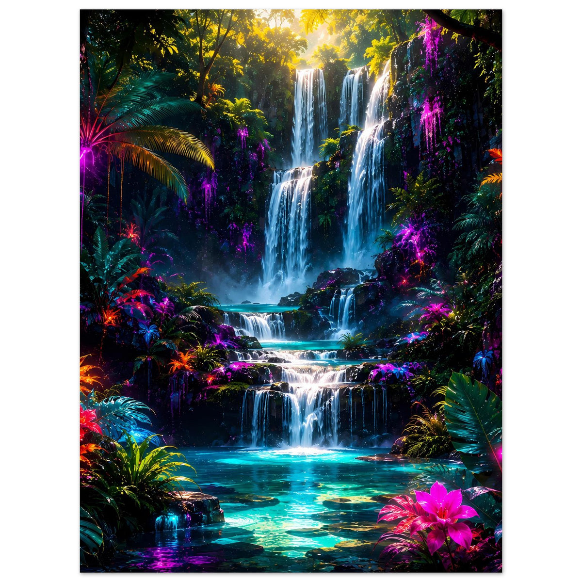 Leuchtendes Tropenwasserfall-Poster, vertikal: mehrere Wasserfälle, Neonfarben und Dschungelgrün