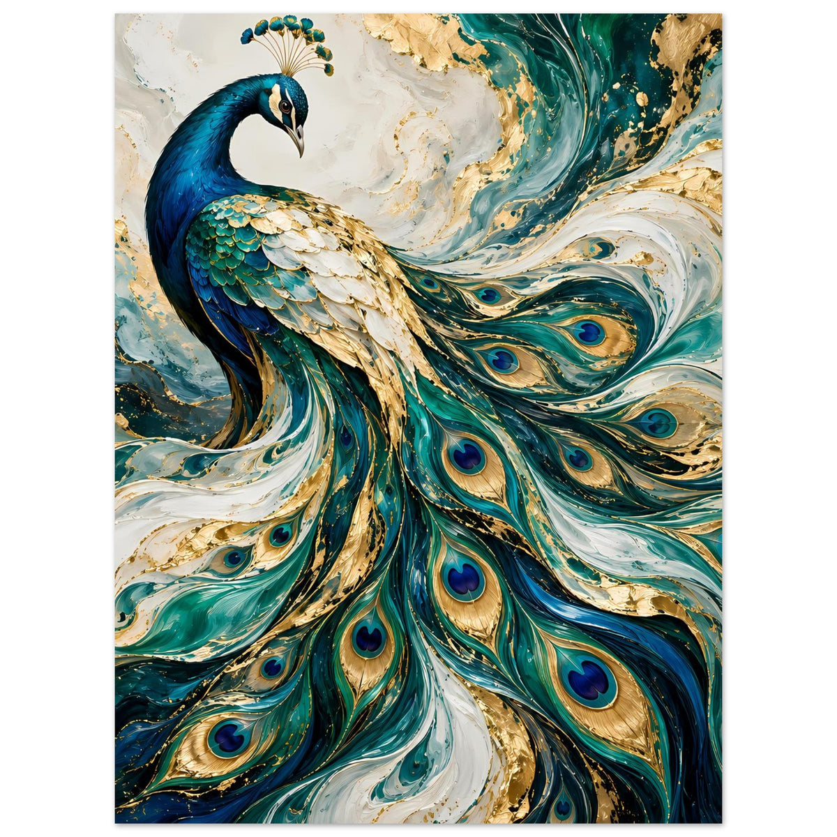 Pfauen-Kunstposter im Hochformat: Pfau mit blauen Augenflecken, türkisweißen Federwellen.