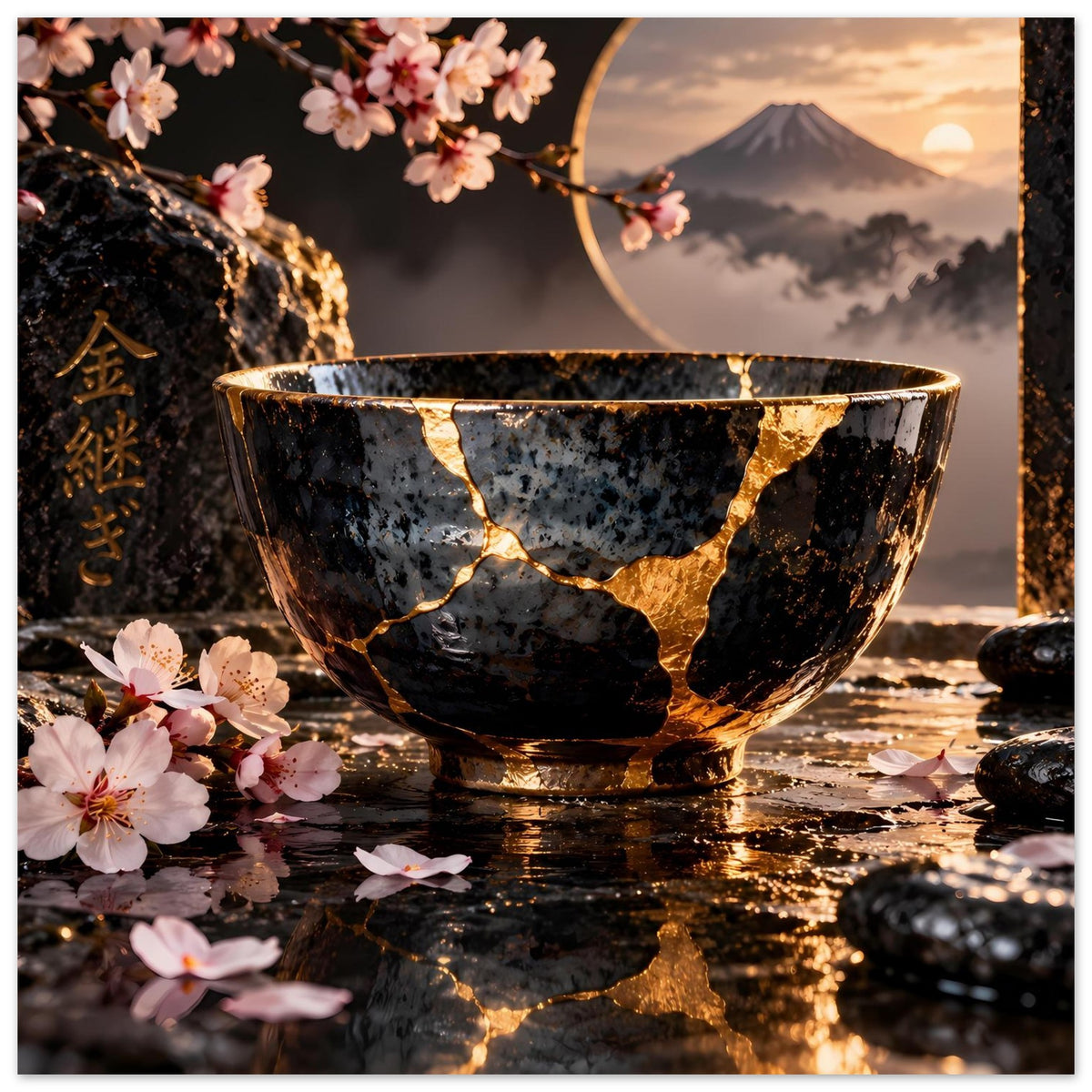 Kintsugi-Elegance-Poster: schwarze Schale mit goldenen Crack-Linien, Kirschblüten im Bild