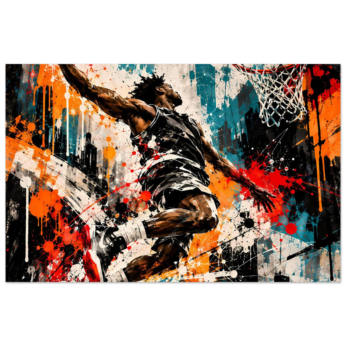 Basketball-Poster mit Spritzfarben: Spieler im Slam-Dunk, Orangeball und Netz