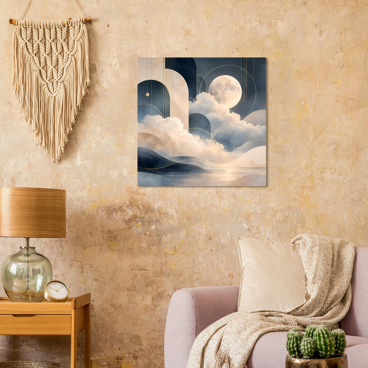 Abstraktes Mondlandschafts-Poster mit goldenen Akzenten: Mond, Wolken und Hügel im Nachtblau