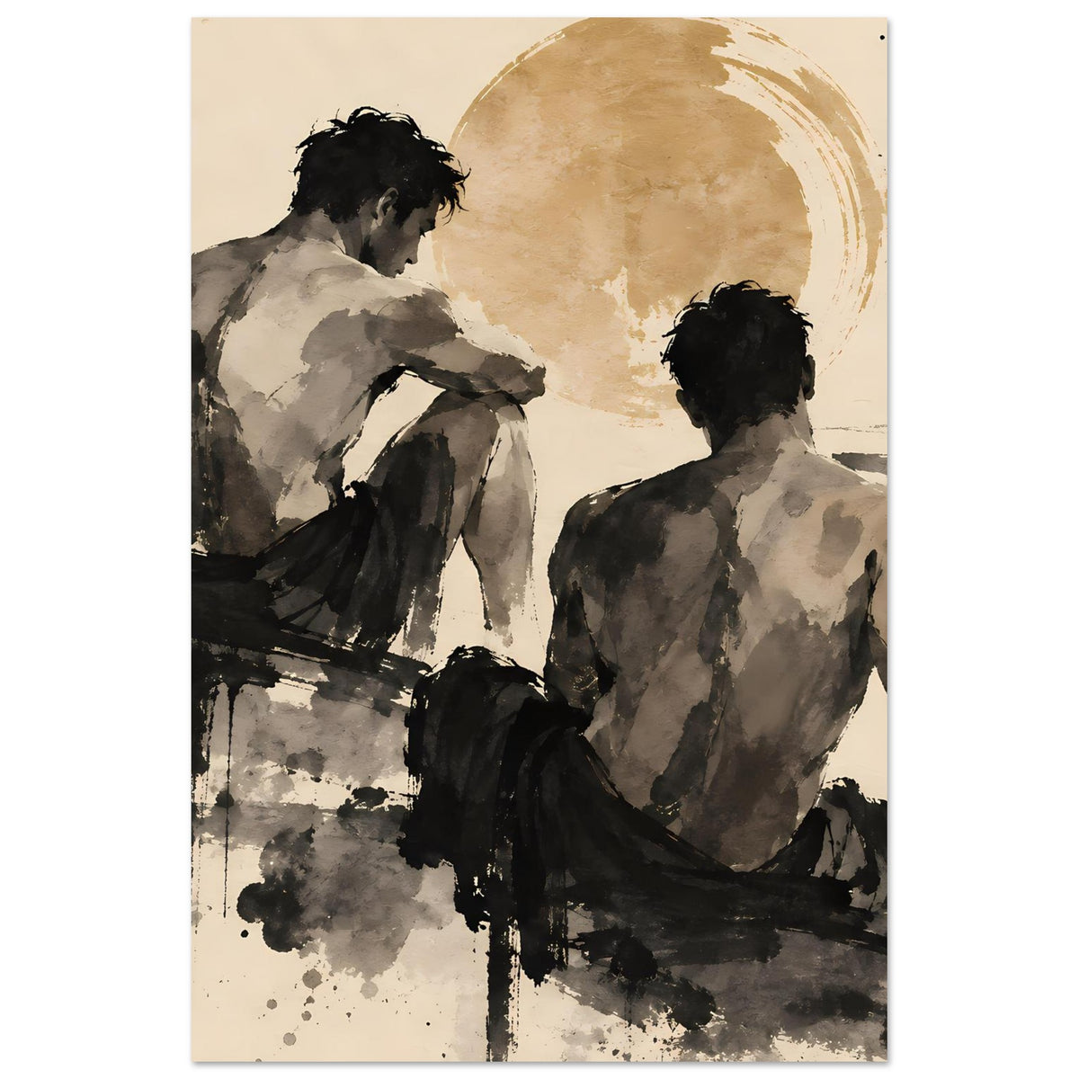 Kunstposter: zwei Figuren im Rückenblick, warme Sepiatöne, schwarze Spritzer und Striche