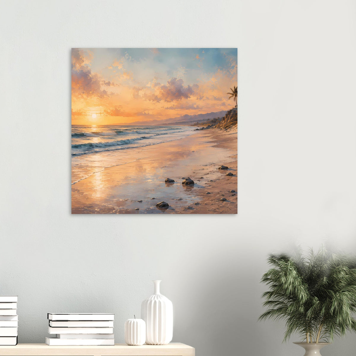 Quadratisches Strandposter mit Sonnenuntergang über dem Meer und nassem Sand