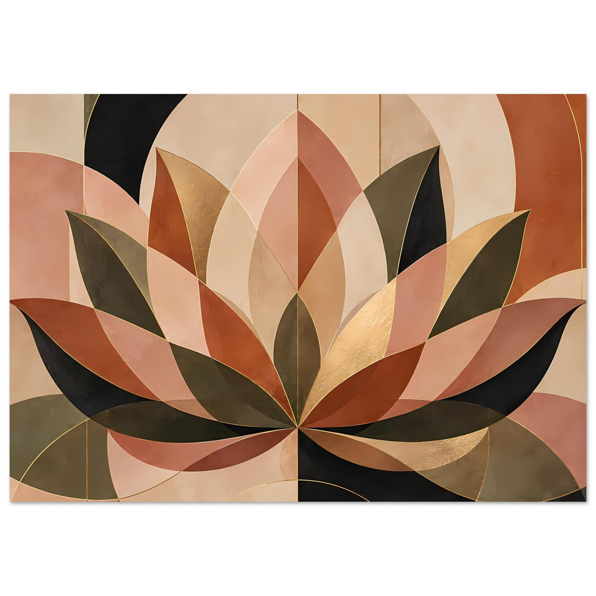 Poster mit geometrischer Lotusblüte in warmen Erdtönen und goldfarbenen Akzenten