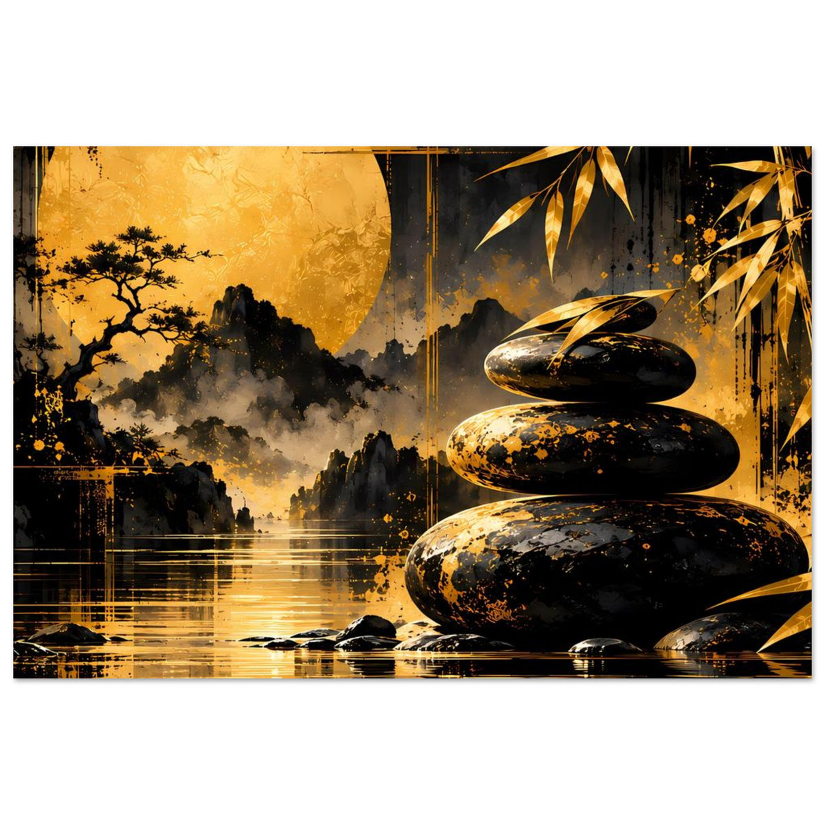 Zen-Harmonie-Poster mit goldem Mond, drei dunklen Steinen und Bambusdeko
