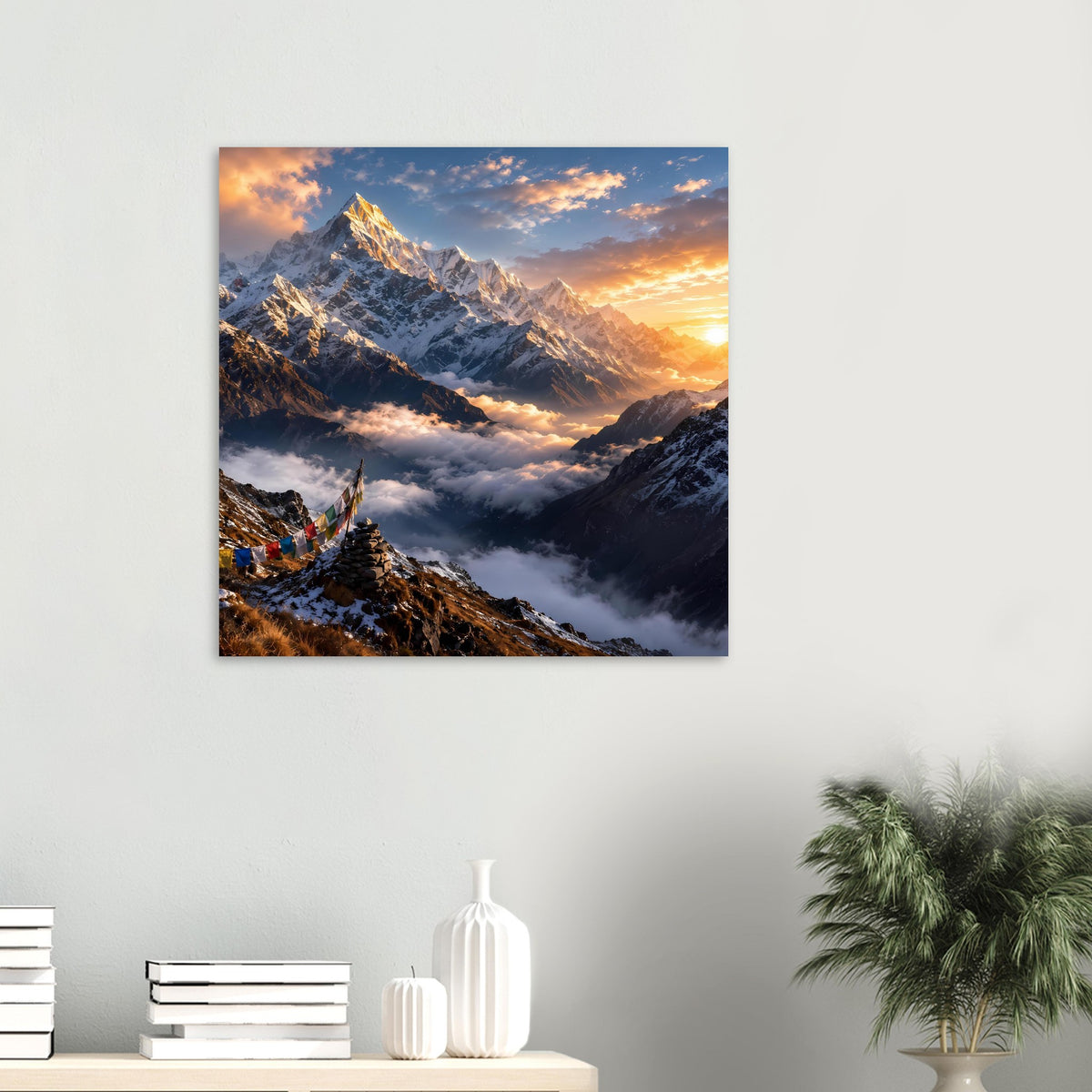 Gerahmtes Poster mit Berglandschaft bei Sonnenaufgang über den Gipfeln