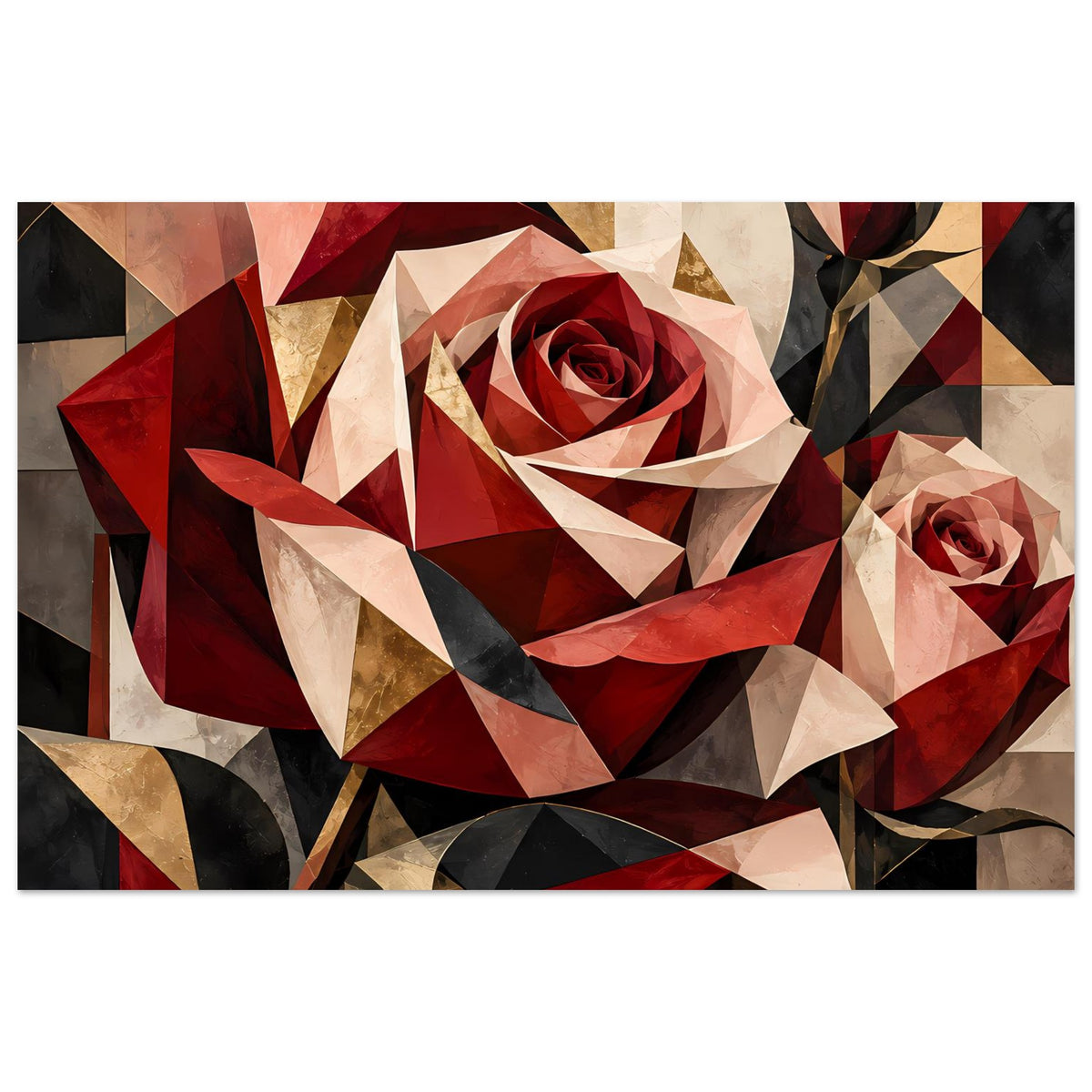 Wandposter mit geometrischer Rose in Rot, Gold und Beige, abstrakte dreieckige Muster