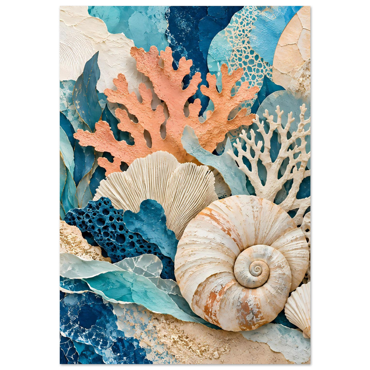Korallen- und Muschelposter mit Korallen und Muscheln in Blau-, Orange- und Sandtönen