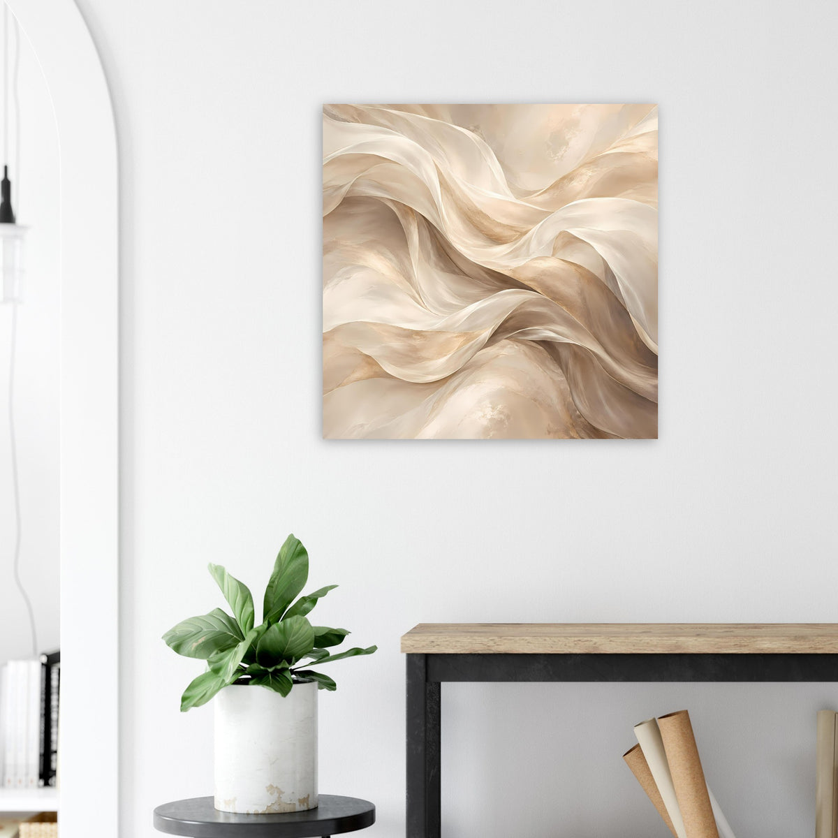 Abstraktes Fluss-Poster mit cremefarbenen Schleifen in hellbrauner Nuance