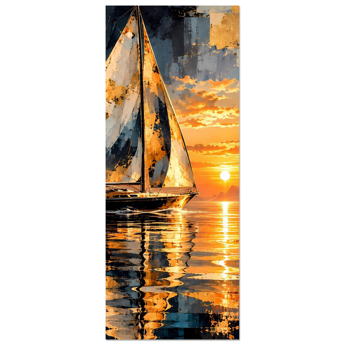 Vertikales Poster mit Segelboot, orangefarbenem Sonnenuntergang und Reflexion im Wasser