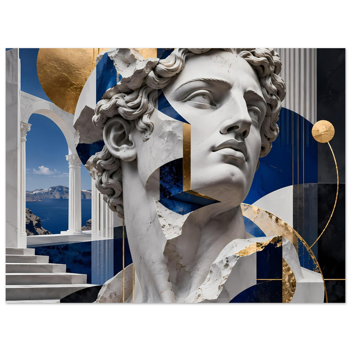 Poster: Marmor-Skulpturkopf mit lockigem Haar, blaue Geometrie und goldene Linien