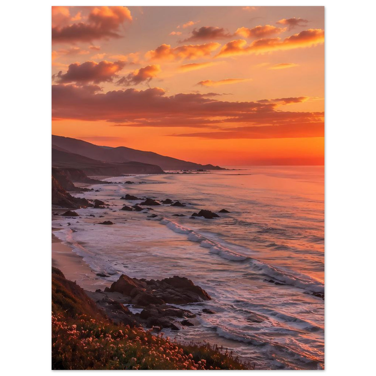 Vertikales Poster mit Küstenlandschaft bei Sonnenuntergang und warmen Farben