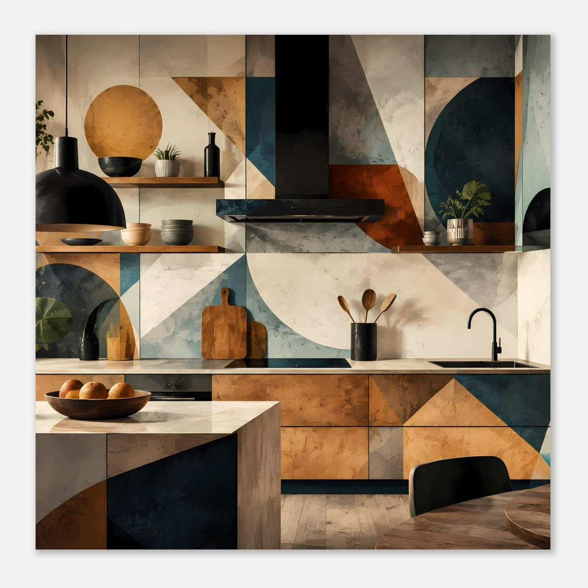 Küchenkunst-Poster mit Messerblock, Küchenzeile und geometrischer Wandoptik in warmen Tönen
