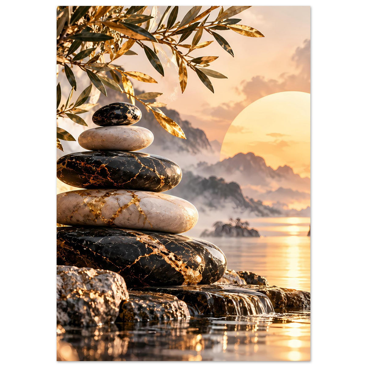 Poster mit Zen-Stein-Stapel, goldenen Blättern und heller Sonne über Landschaft