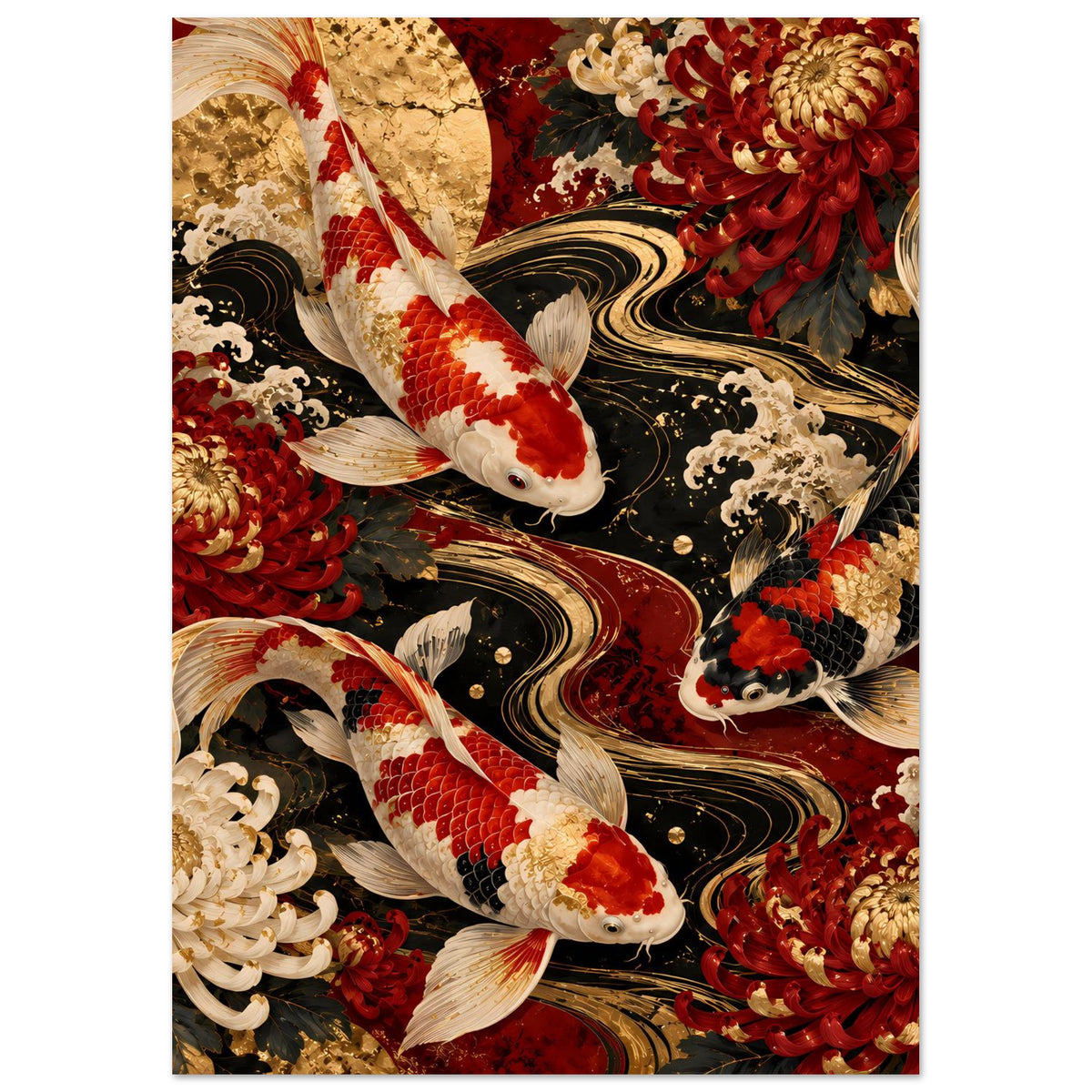 Koi-Karpfen-Poster mit Blumenmotiv, vertikale Ansicht, rote und cremefarbene Koi