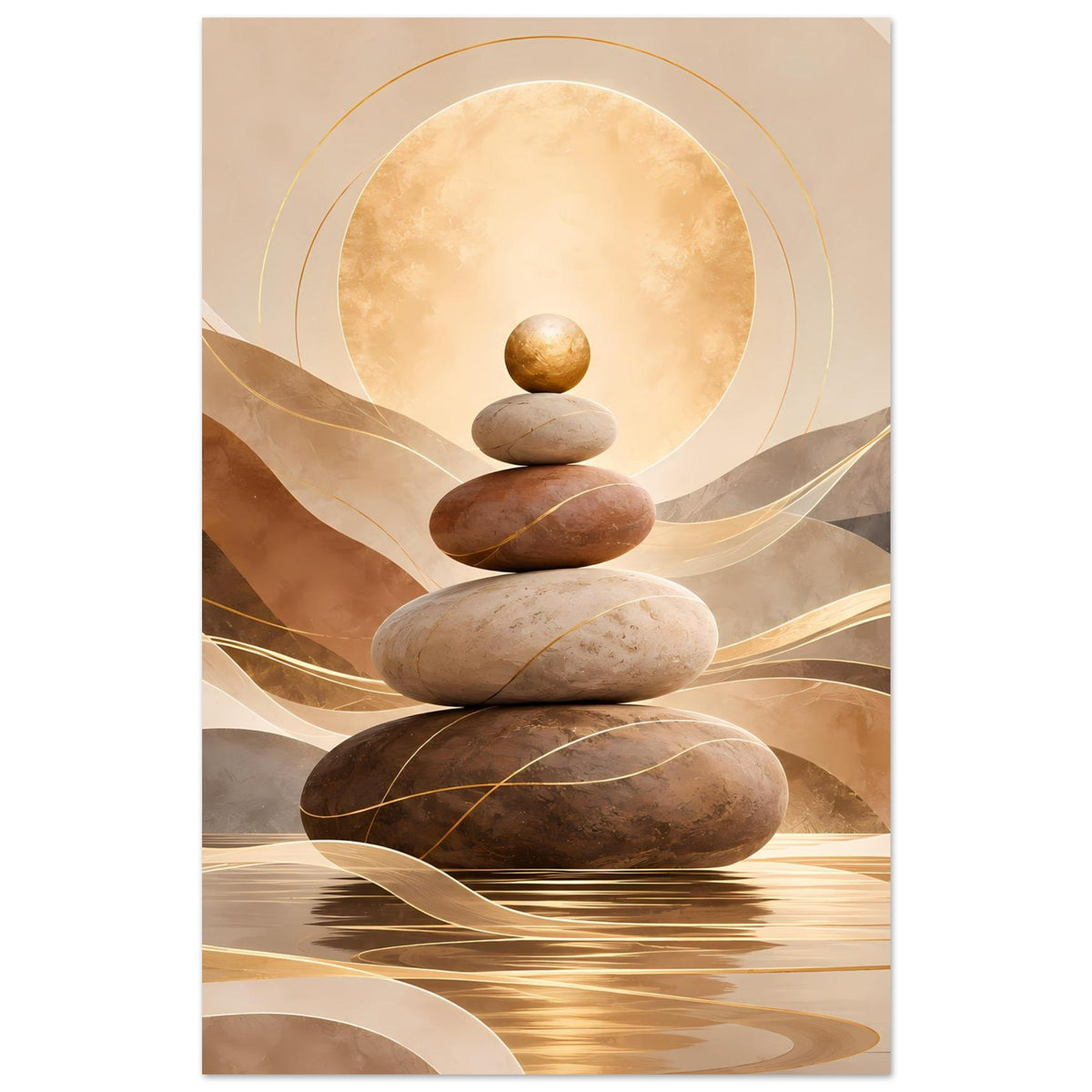 Zen-Poster: vier Steine, zentraler Kreisring und goldene Linien über ruhigen Erdtonflächen