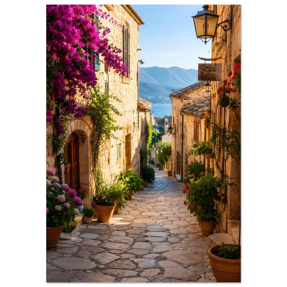 Poster mit Blick in die Gasse: Steinhäuser, Bougainvillea, Blumenkübel und Weg