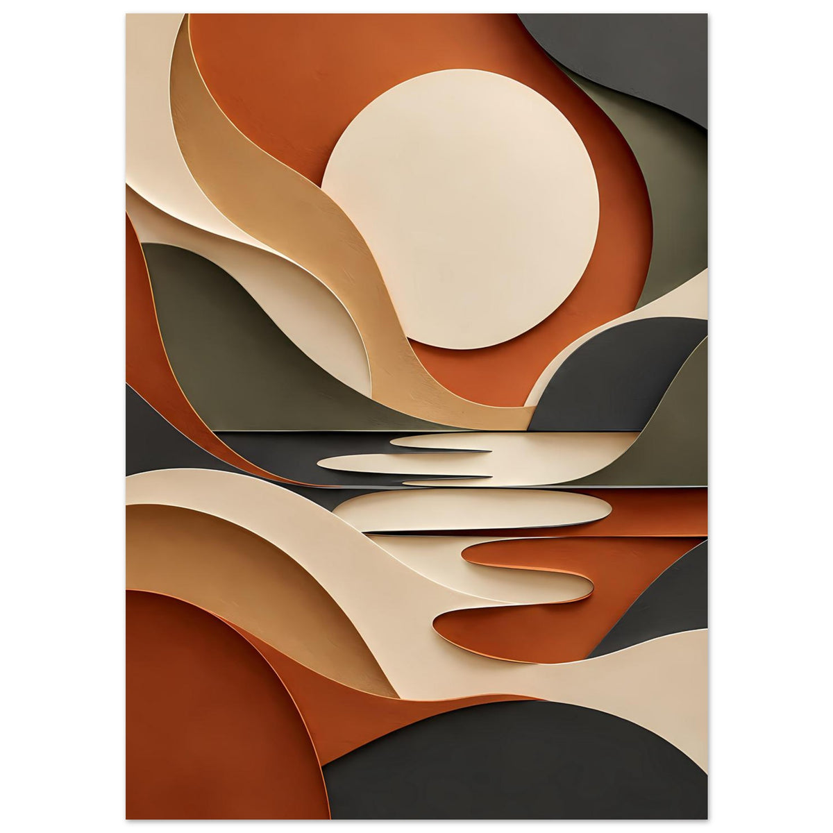 Kunstposter mit geschwungenen Flächen und Kreisform oben in Terrakotta, Creme und Dunkelgrau