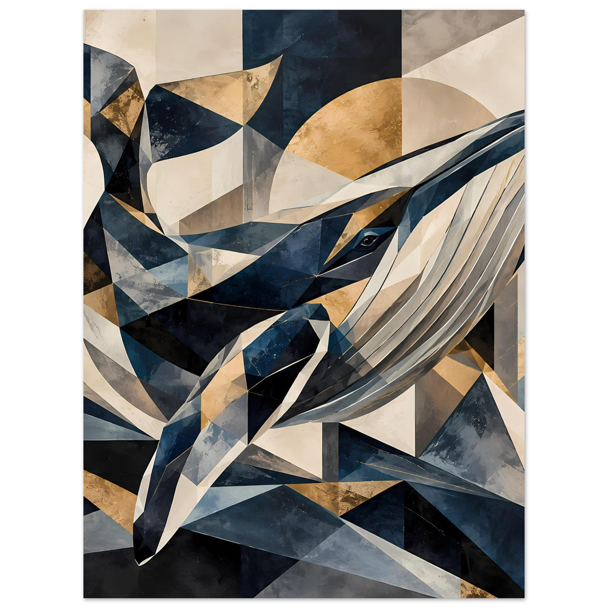 Geometrisches Wal-Kunstposter: Blick auf das Walauge und abstrakte Blau-Gold-Creme-Geometrie