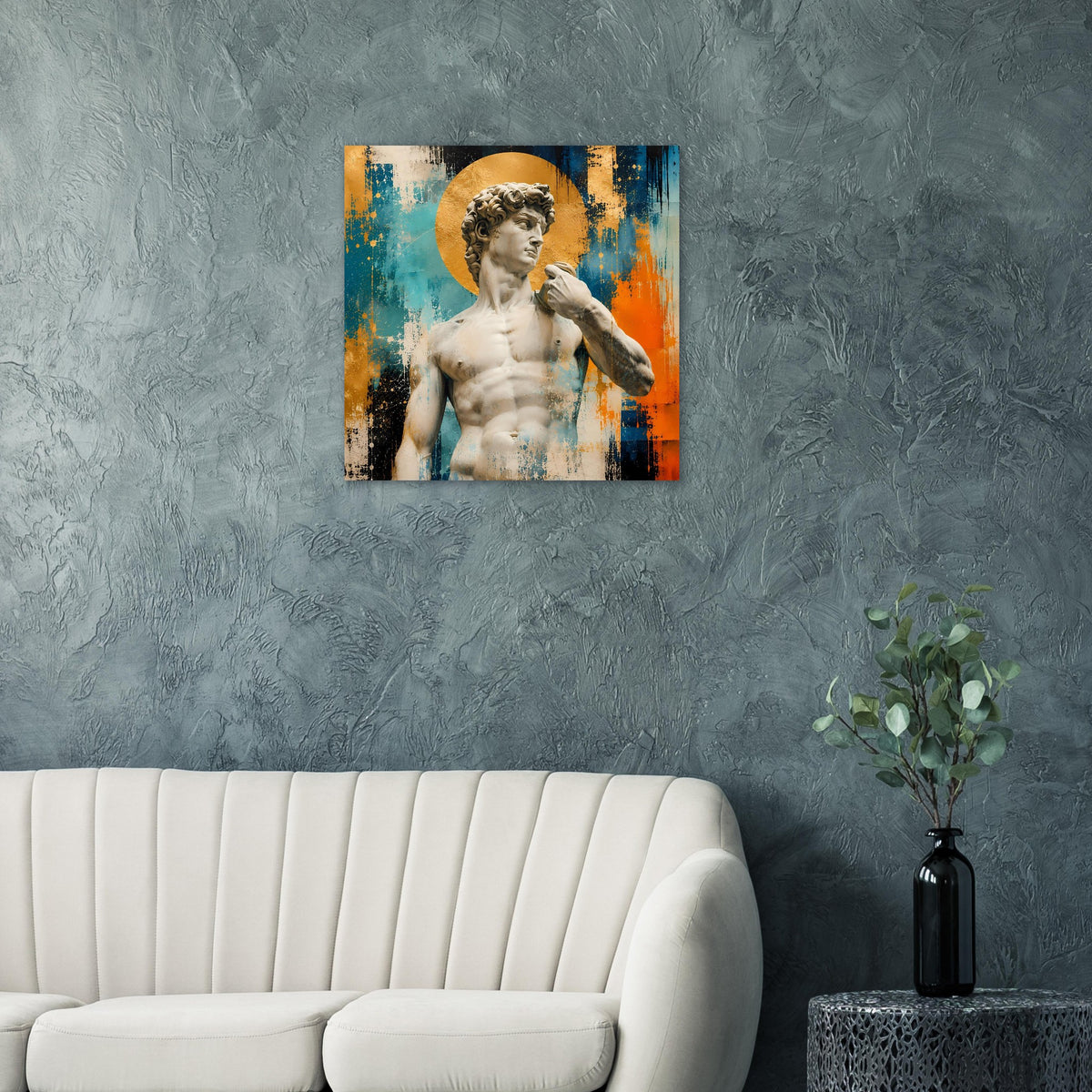 Poster mit Michelangelos David-Figur im goldenen Kreis, weißer Stein, abstrakter Hintergrund