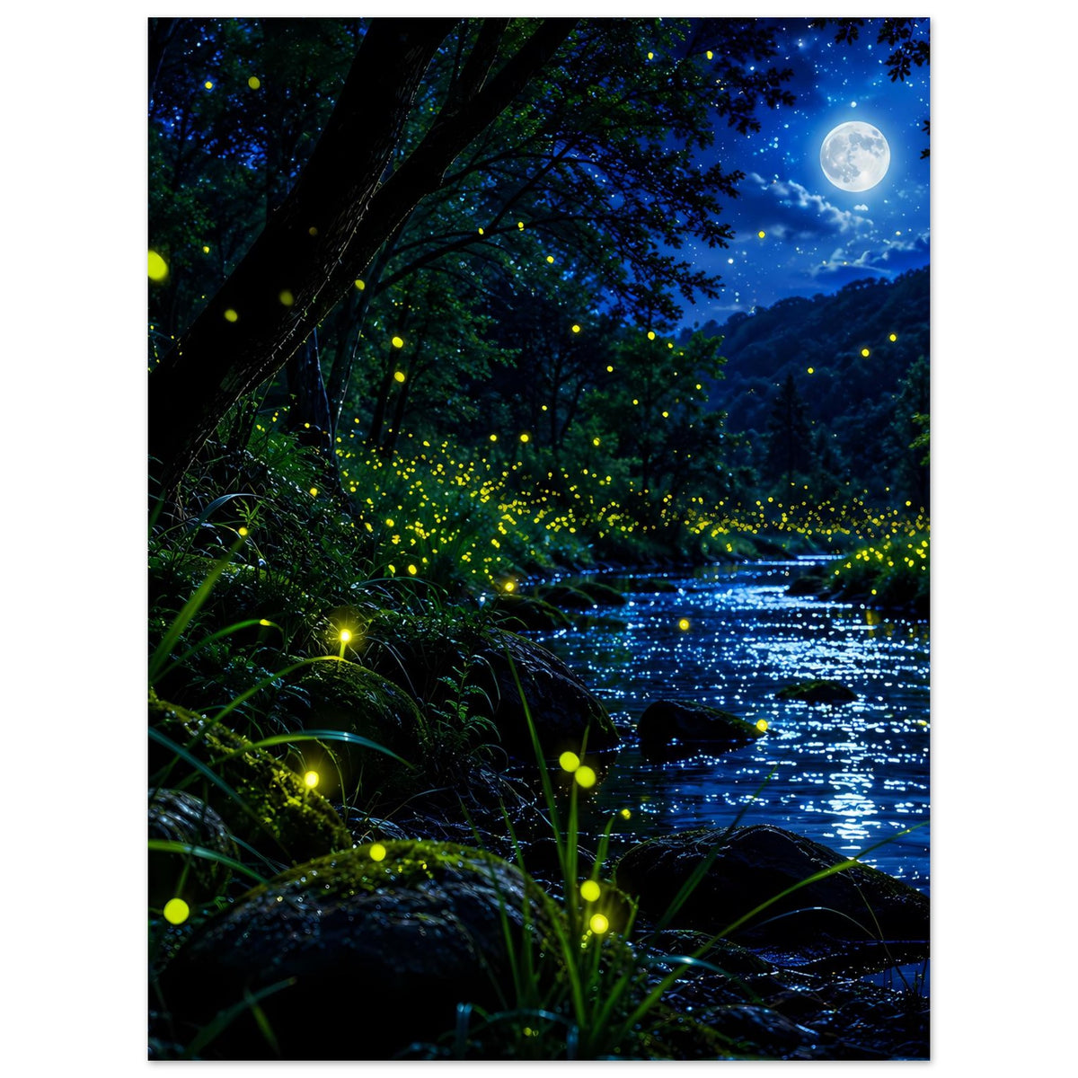 Nachtwald-Poster mit Glühwürmchen-Lichtern über dem Fluss, Baumkronen und Vollmond