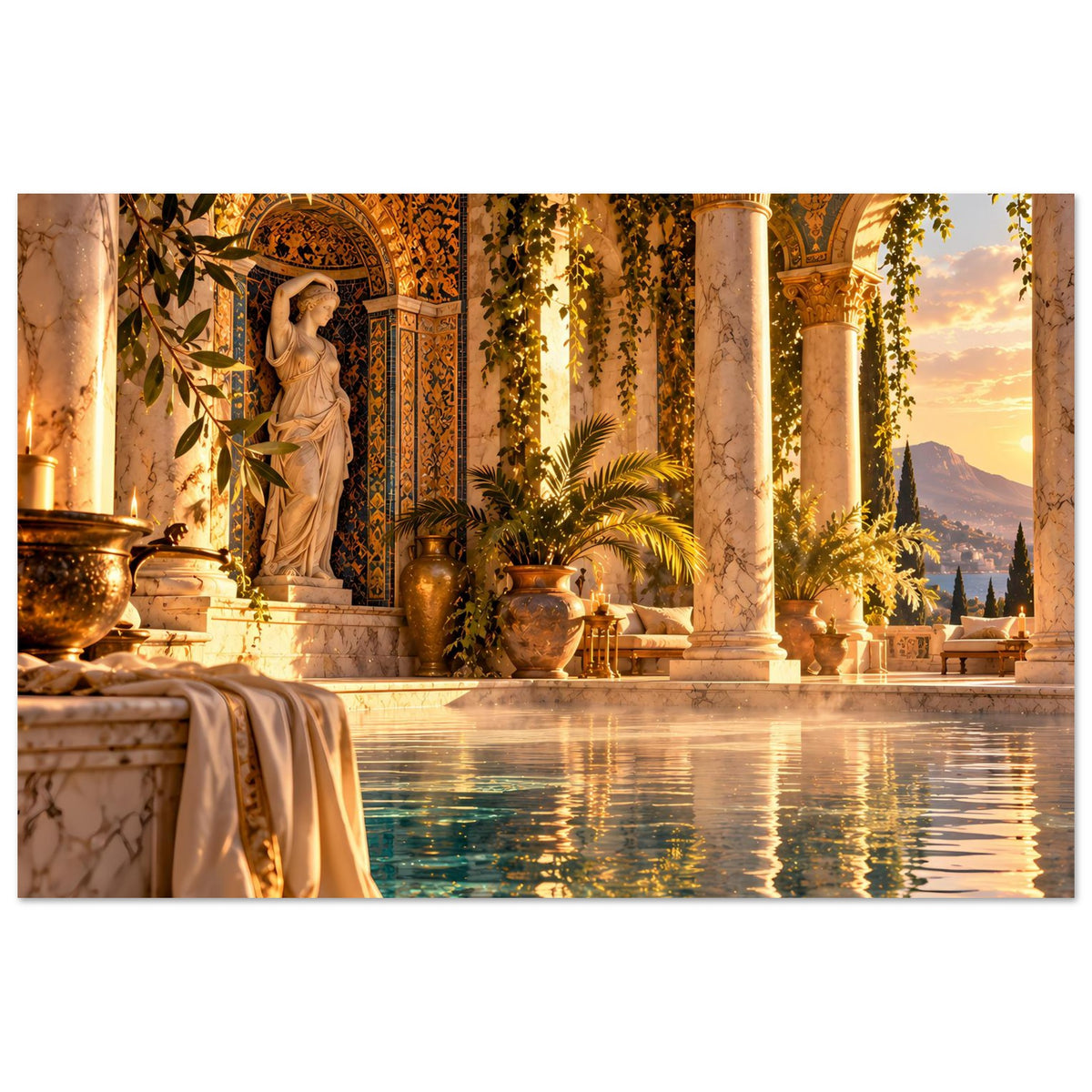 Pool-Poster: goldene Bögen, Statue in Nische, Pflanzen und ruhiges Becken