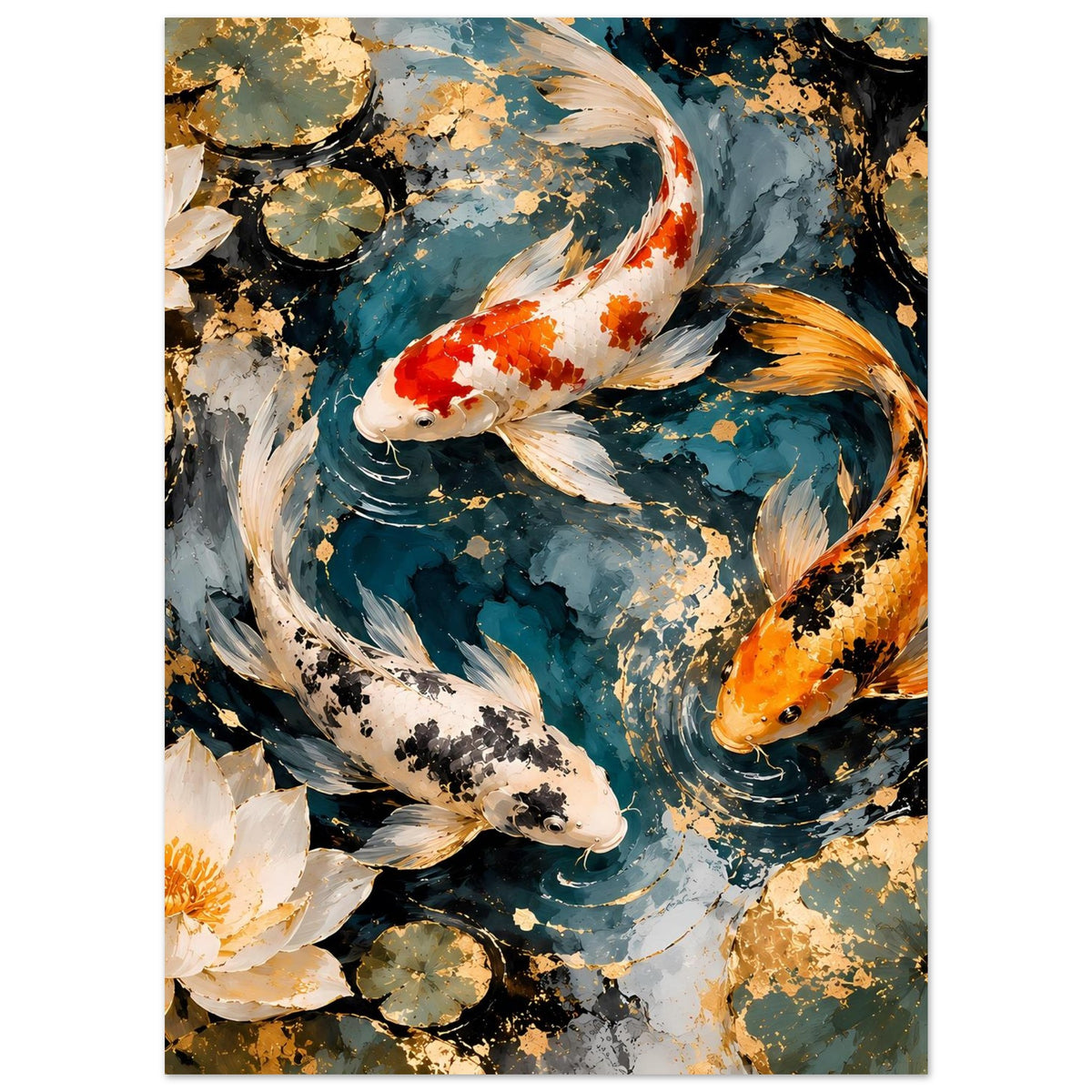 Kunstposter mit mehreren Koi-Fischen, blau-goldene Farbflecken und Lotusblüten, Hochformat