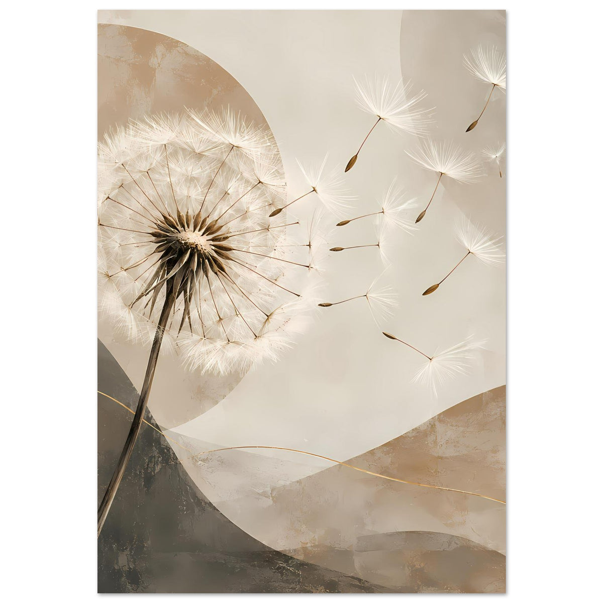 Dandellion-Passer Poster mit weißer Pusteblume, goldenen Linien und beigem Hintergrund