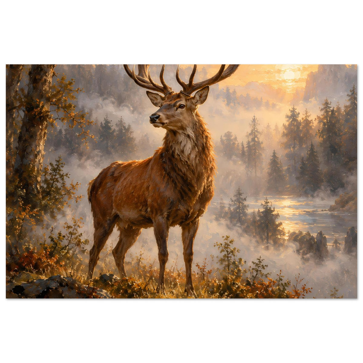 Majestic-Stag-Poster: ganzer Hirsch im Bild, Geweih oben, Morgenlicht im Wald
