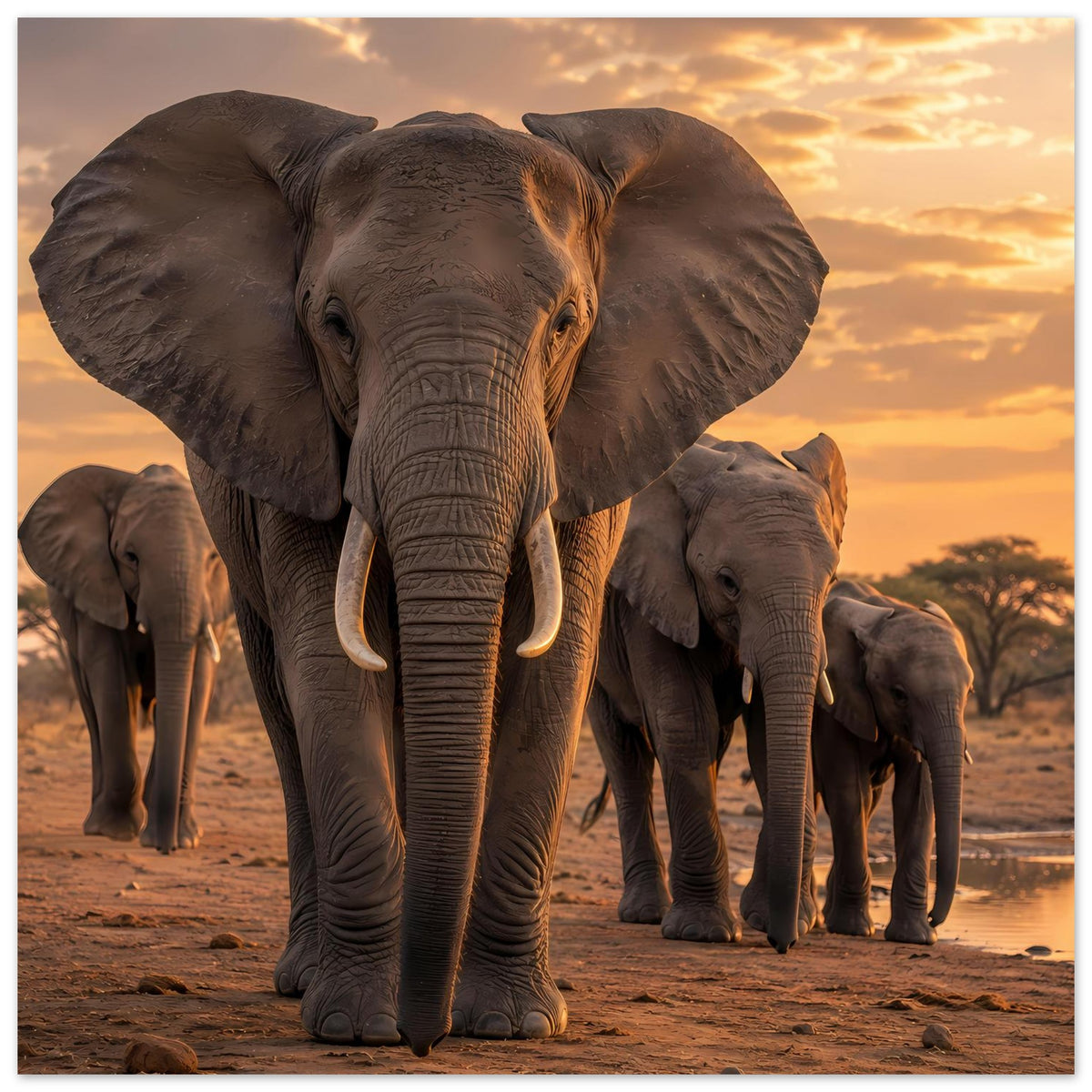 Poster im Hochformat: Elefantenherde am Abend, großer Elefant vorn, mehrere Tiere dahinter