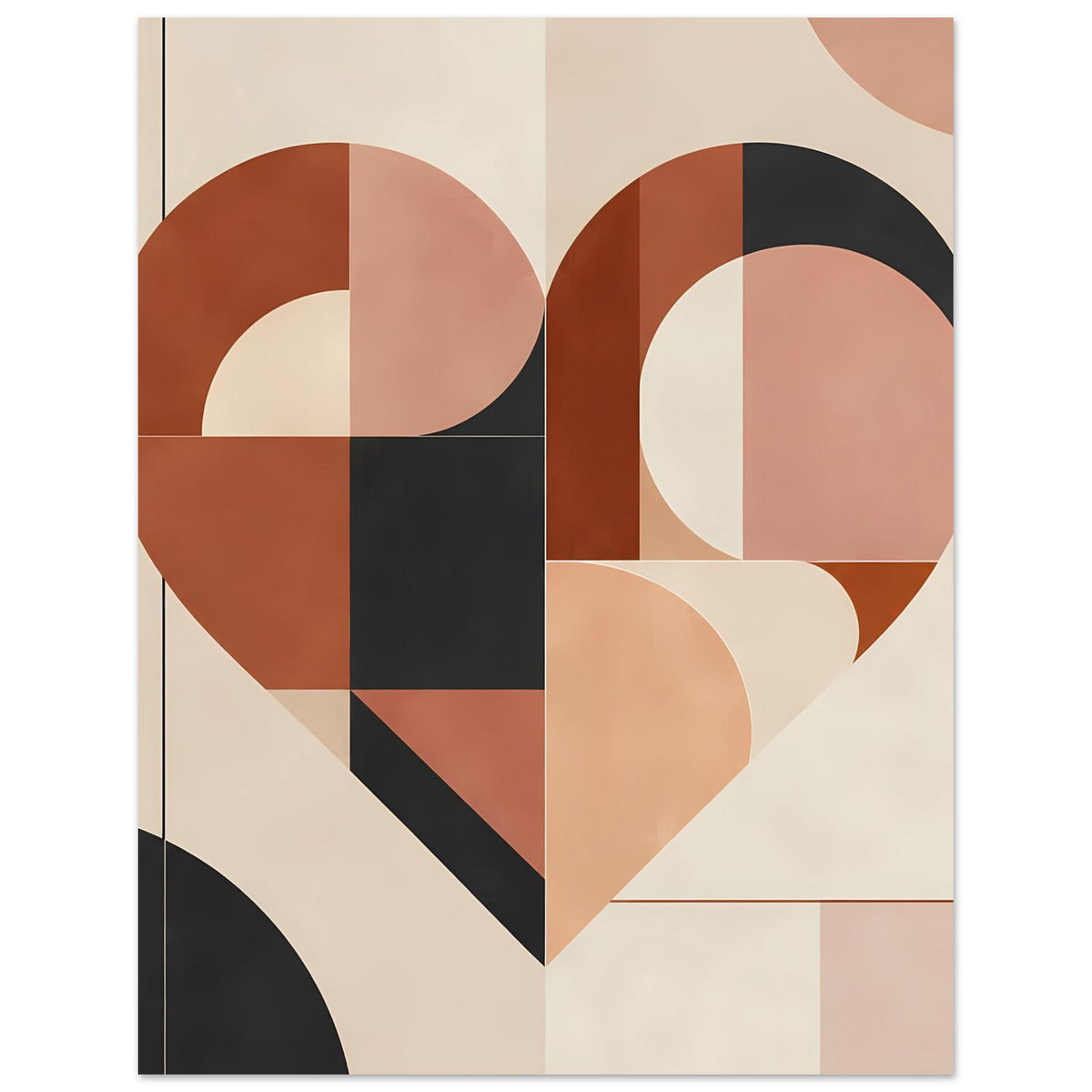 Poster mit geometrischem Herz, runde Elemente in Terrakotta und Rosa, mit schwarzem Bogen