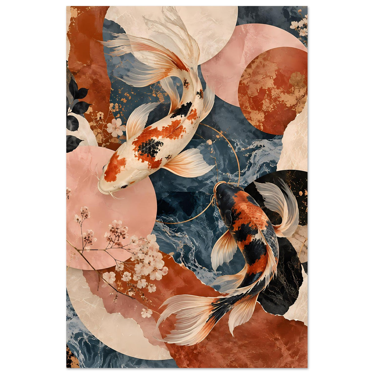 Koi-Fische-Poster im Collage-Stil: Terrakotta, dunkles Blau, weiße & schwarze Akzente, Blütenzweige