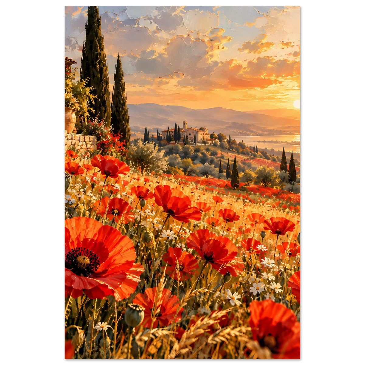 Poster Hochformat: roter Mohn, Landschaft mit Zypressen und Sonnenuntergang im Himmel