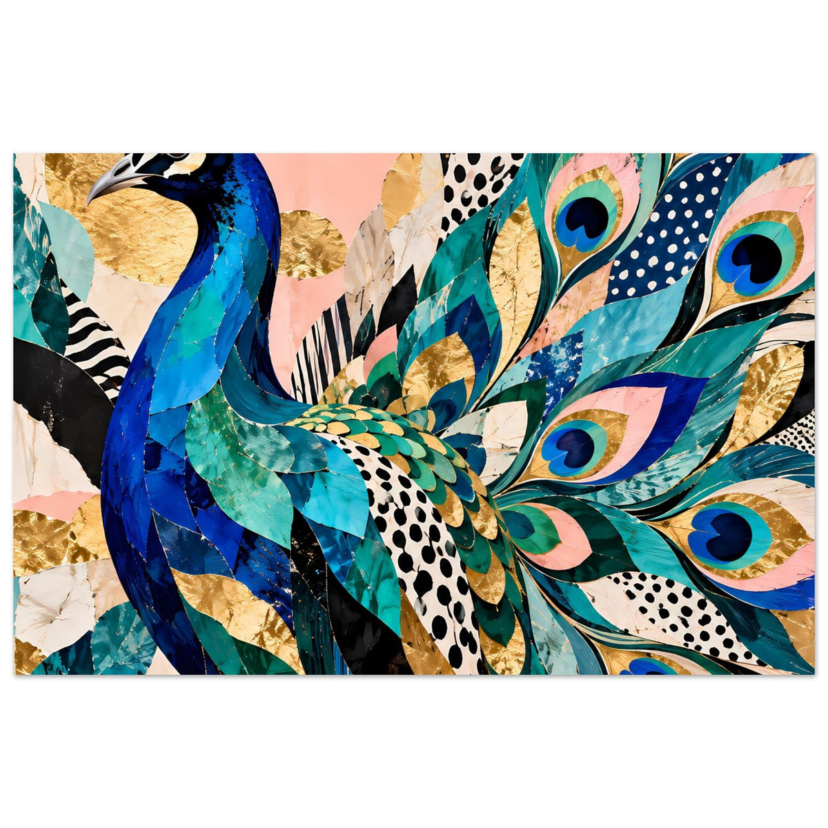 Kunstposter mit majestätischem Pfau in Blau, Türkis und Gold, buntes Federdesign.