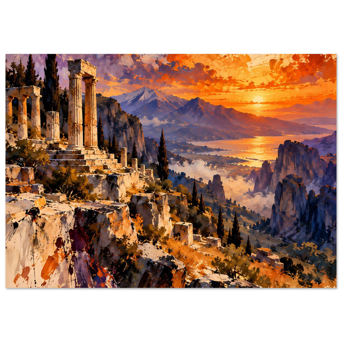 Horizontales Poster mit antiken Ruinen, Sonnenuntergangsstimmung und Bergpanorama
