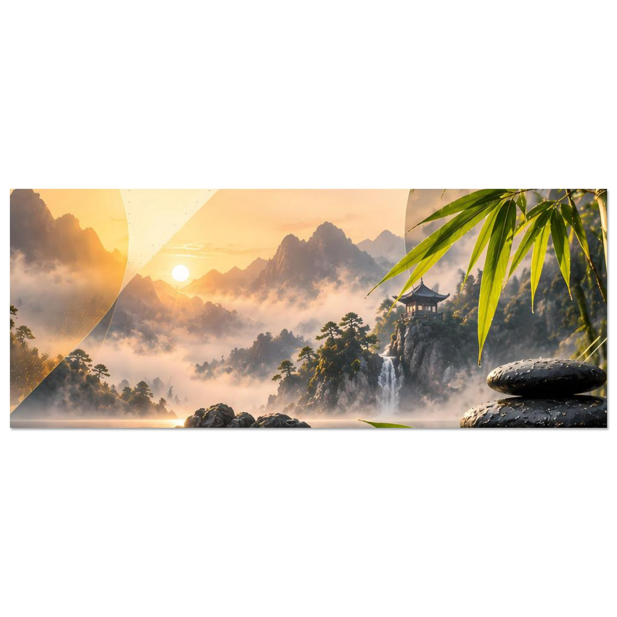 Horizontales Poster mit Zen-Szene: Bambus, See bei Sonnenaufgang, Steine am Ufer