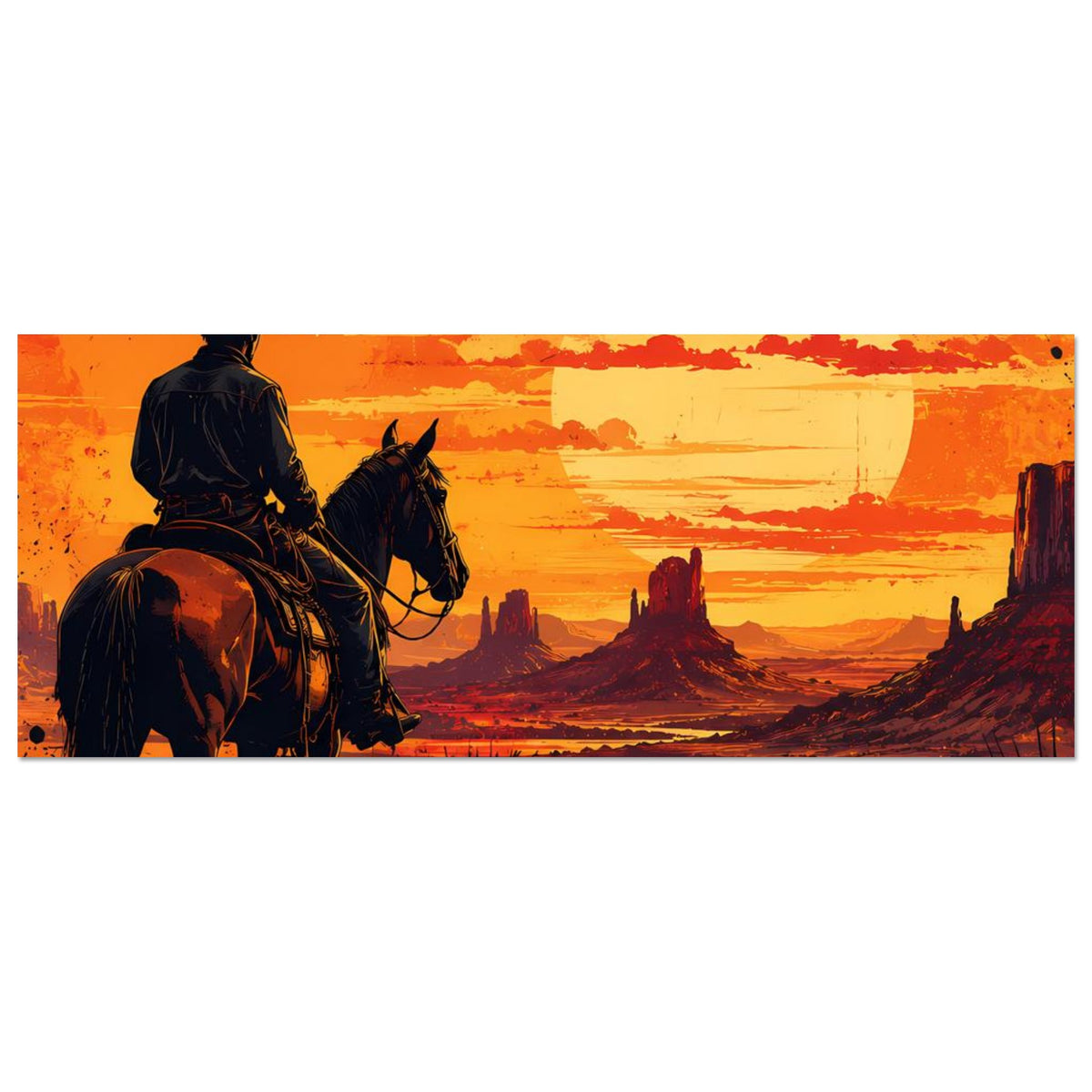 Horizontales Cowboy-Poster: Reiter mit Pferd vor Wüstenlandschaft mit gelber Sonne.