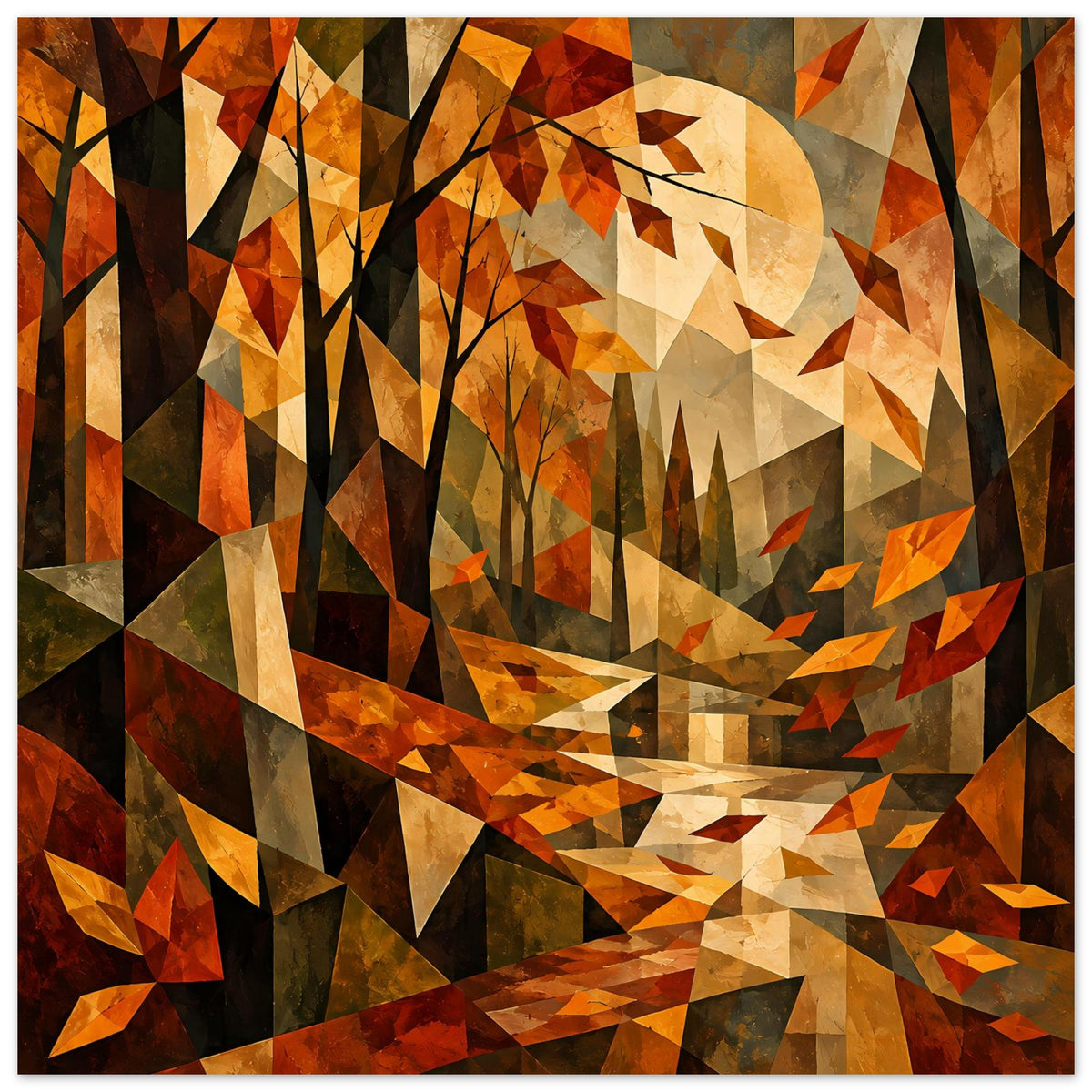 Quadratisches Poster: kubistische Herbstlandschaft mit geometrischen Bäumen und hellem Rundelement.