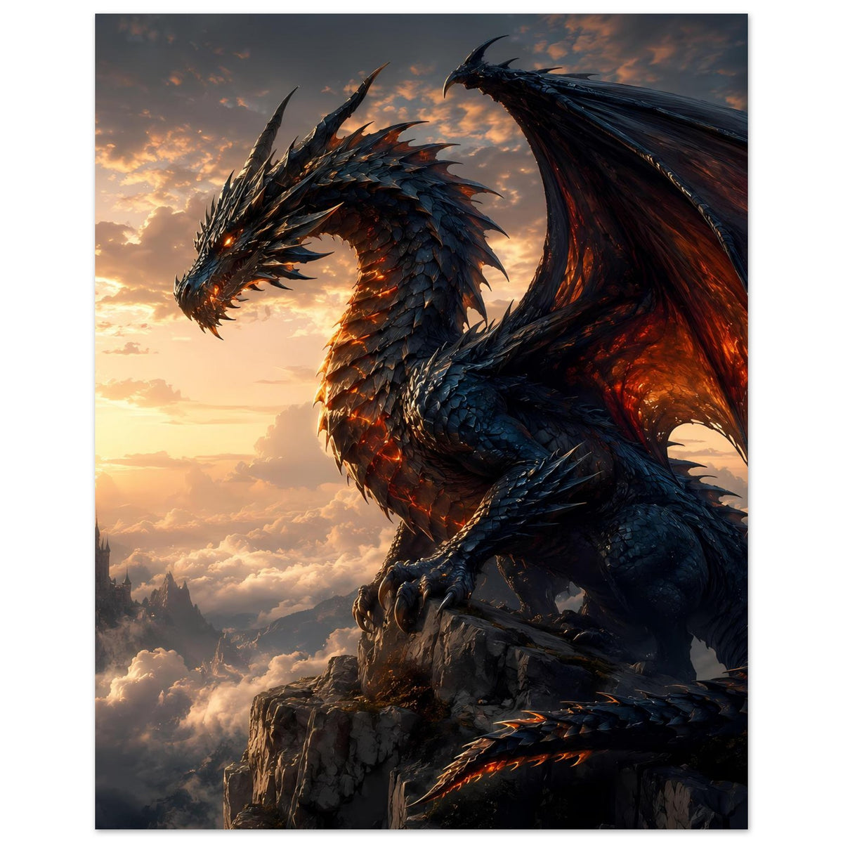 Fantasy-Poster mit Drachenprofil, glühendem Schlund und schimmernden Schuppen