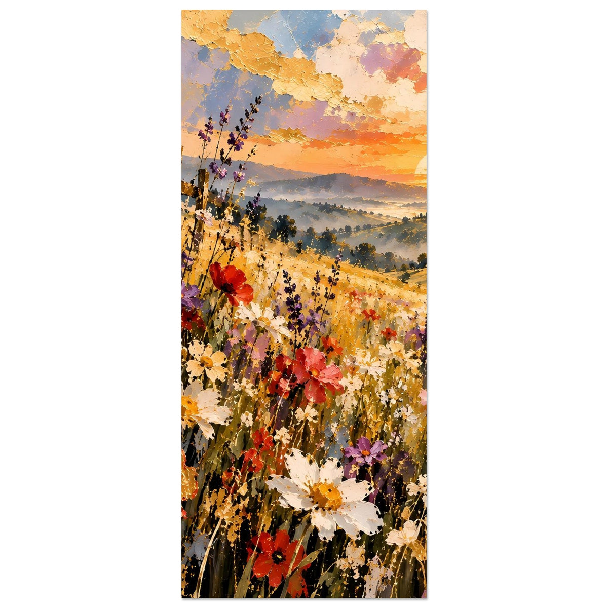Hochkant-Landschaftsposter mit Blumenwiese, Abendhimmel und Abendsonne über Hügeln