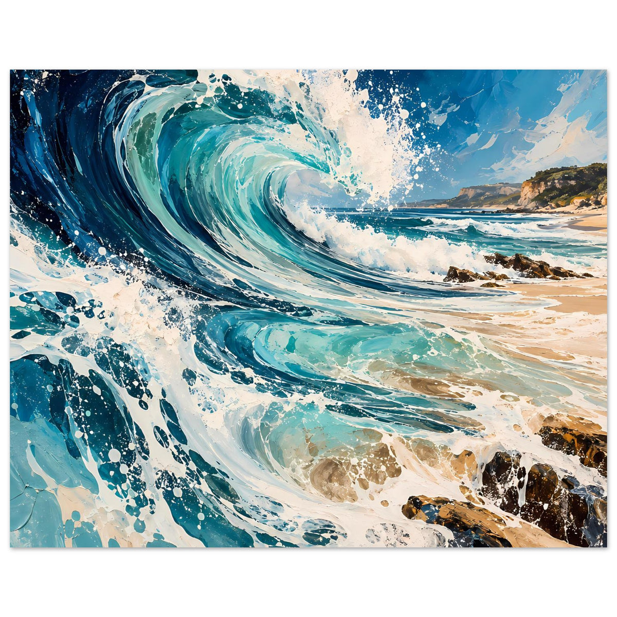 Ozean-Wellenposter mit dynamischer Brandung, türkisblauem Wasser und weißem Gischtbogen